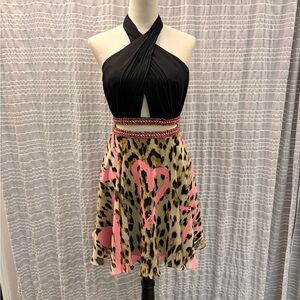 Rachel Allan Black and Pink Leopard Print Dress